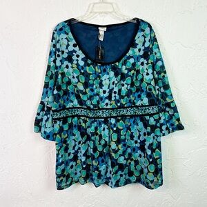 Lane Bryant Venezia Blue Green Floral Mesh Babydoll Bell Sleeve Top Size 22/24